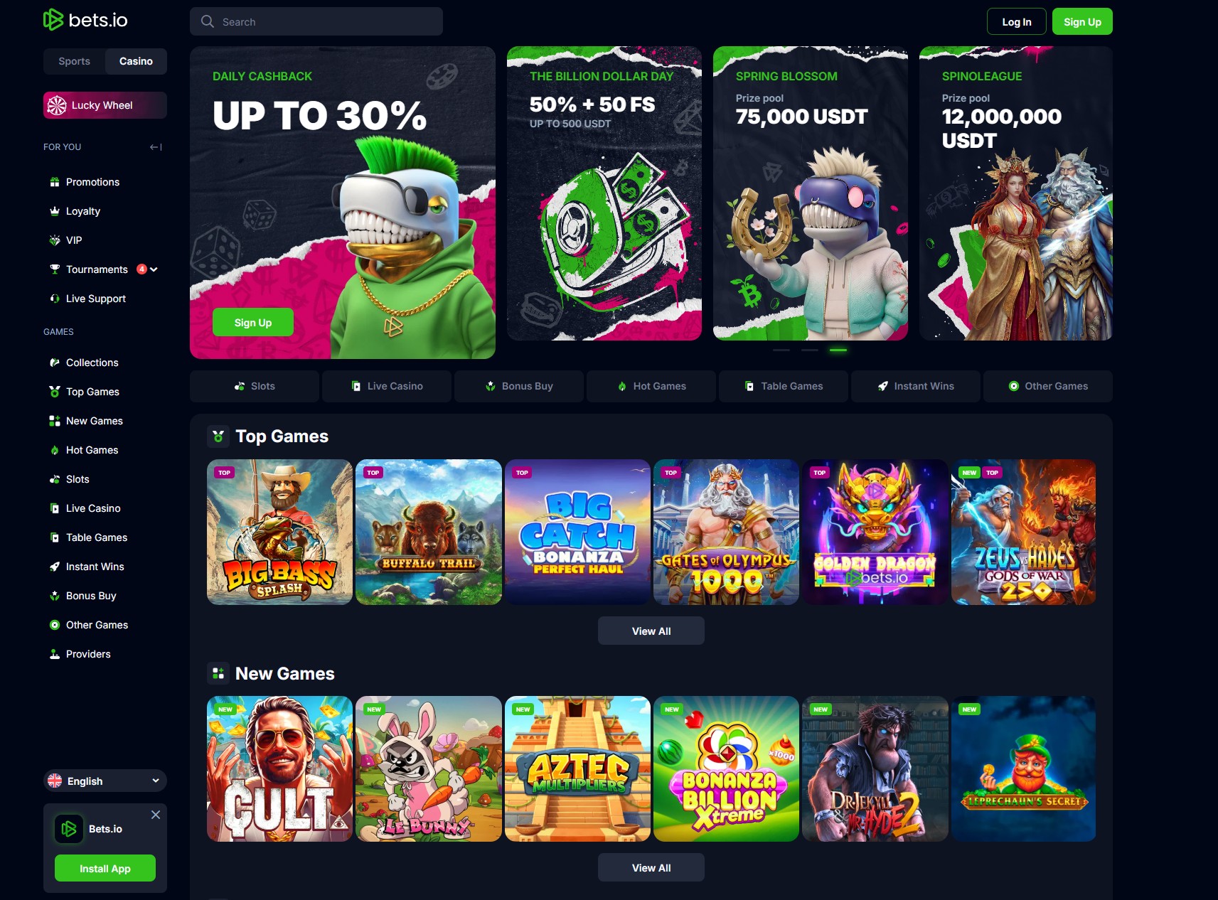 Bets.io crypto casino homepage