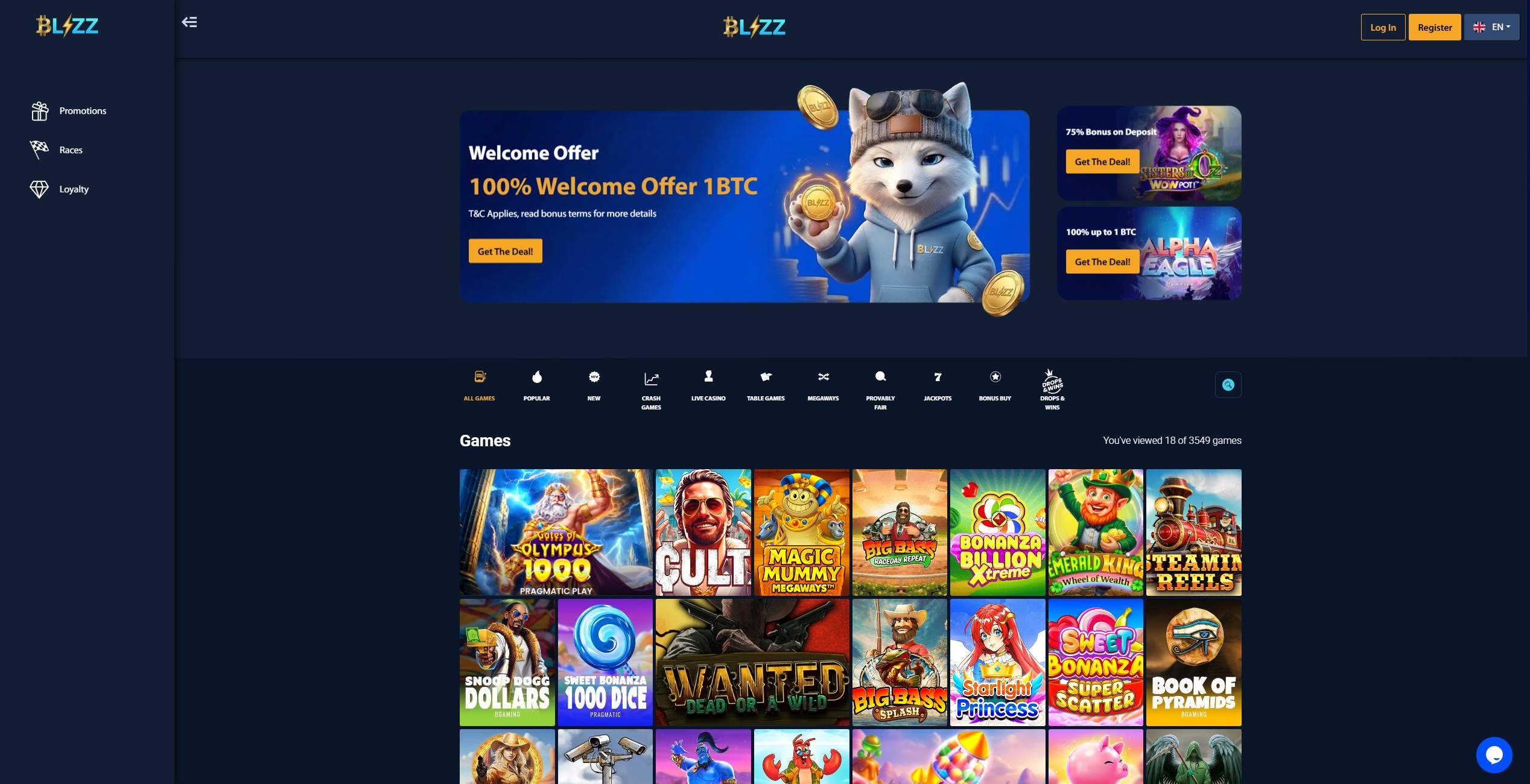 Blizz.io crypto casino homepage