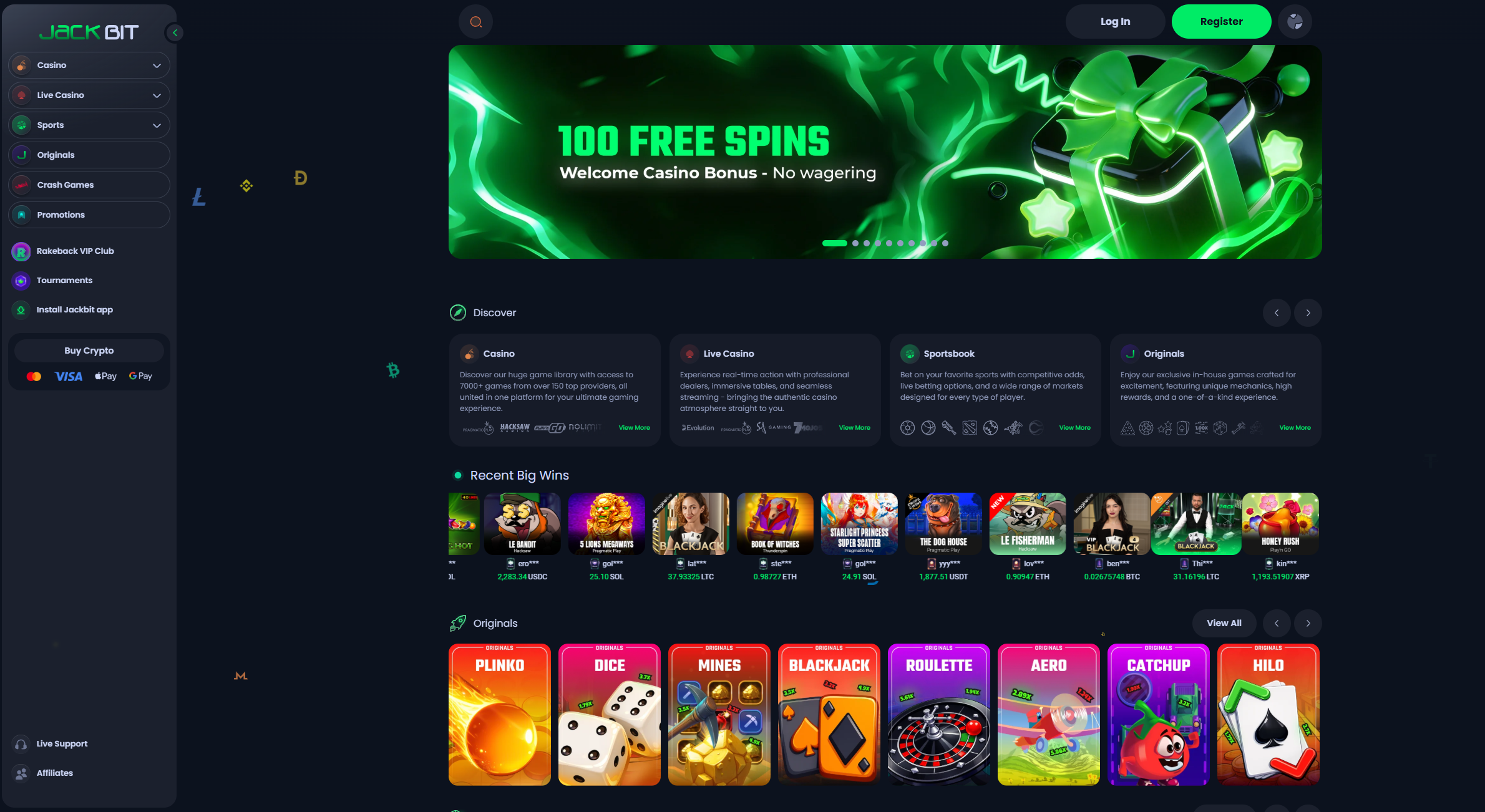 JackBit crypto casino homepage