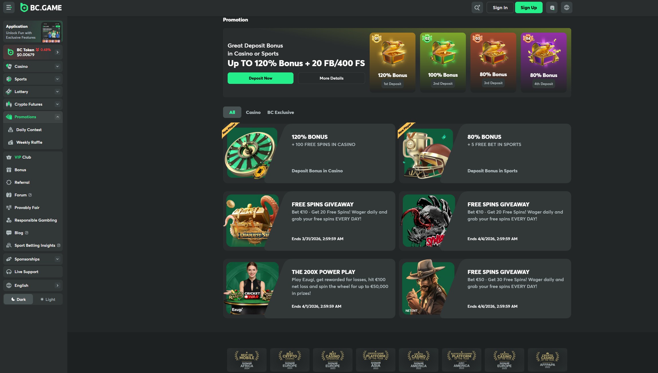 PlayBC.fun promotions page showing bonuses and BC Originals games