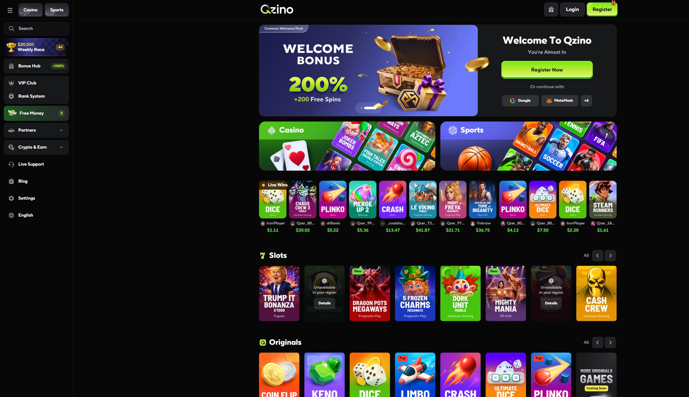 QZINO Casino homepage showing game lobby with slots, originals, and sportsbook sections